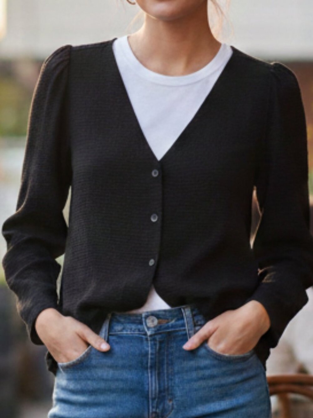 Madewell Westover Top Black Check V-Neck Button Front Long Sleeve Blouse Size 8